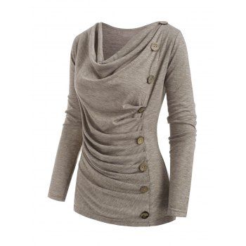 

Heather Mock Button Long Sleeves Draped Cowl Neck T-shirt, Light coffee