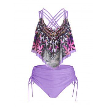 

Bohemian Tankini Swimsuit Floral Plaid Print Swimwear Cinched Crisscross Tummy Control Bathing Suit, Light purple