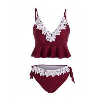 

Floral Lace Panel Swimsuit Crochet Knotted Ruffle Plunging Neck Tankini Swimwear, Red wine