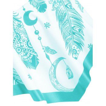 

Bohemian Tankini Swimsuit Feather Print Bathing Suit Flounce Overlay Cinched Halter Two Piece Swimwear, Medium turquoise