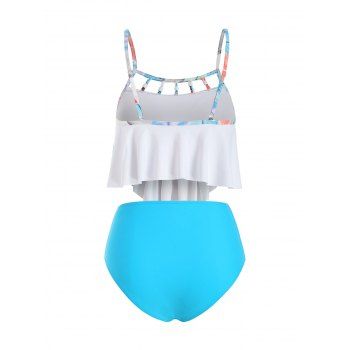 

Tummy Control Tankini Swimsuit Bright Color Swimwear Flounce Feather Print Ruched Cut Out Beach Bathing Suit, Multicolor