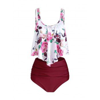 

Tummy Control Tankini Swimsuit Floral Print Swimwear Flounce High Waisted Ruched Summer Beach Bathing Suit, Red wine