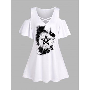 

Colorblock Print T Shirt and Cold Shoulder Crisscross Casual Top, White