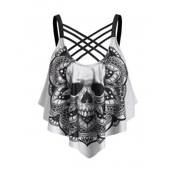 

Gothic Tankini Top Skull Flower Print Lattice Flounce Swimming Top, Black