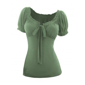 

Short Sleeve Solid Color T-shirt Ruffles Bowknot Ruched Empire Waist Tee, Light green