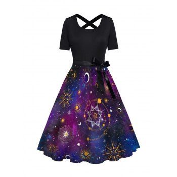 

Celestial Sun Moon Star Galaxy Print Short Sleeve Dress Bowknot Cross High Waist A Line Dress, Purple