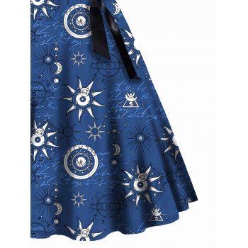 Sun Moon Print Dress Crisscross Bowknot Belted Short Sleeve High Waisted A Line Midi Dress