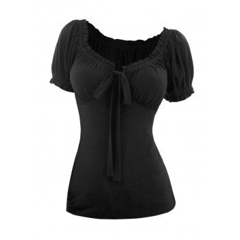 

Short Sleeve Solid Color T-shirt Ruffles Bowknot Ruched Empire Waist Tee, Black