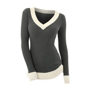 

Contrasting Textured Long Sleeve Knitwear Plunge Neck Ribbed Hem Knitted Top, Gray