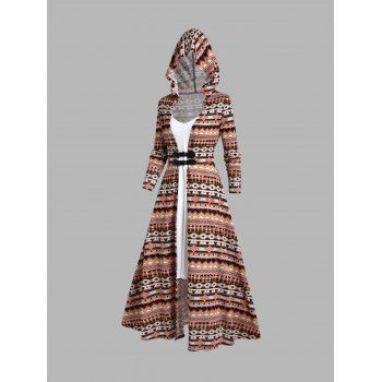 

Plain Cami Dress And Tribal Print Buckle Long Sleeve Longline Hooded Top Two Piece Ethnic Set, Coffee