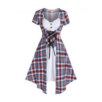 

Contrast Plaid Print 2-in-1 Mini Dress Lace Up Faux Twinset Dress Mock Button Asymmetric Pointed Hem A Line Dress, Multicolor