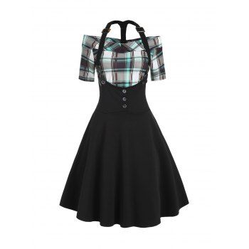 

Plaid Print Off The Shoulder Top And Racerback A Line Suspender Skirt Two Piece Set, Black