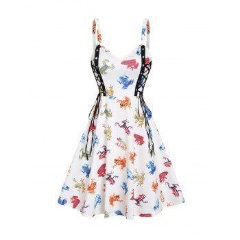 

Vacation A Line Mini Sundress Colorful Frogs Print Lace Up Straps High Waist Sleeveless Dress, Light yellow