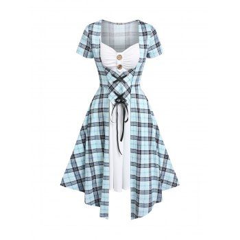 

Contrast Plaid Print 2-in-1 Mini Dress Lace Up Faux Twinset Dress Mock Button Asymmetric Pointed Hem A Line Dress, Light blue