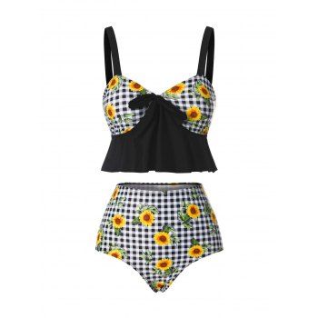 

Gingham Sunflower Tummy Control Peplum Tankini Swimwear, Black