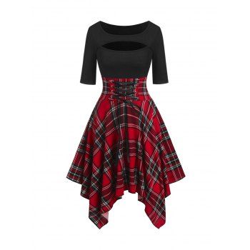 

Plaid Print Handkerchief Dress Lace Up Corset Waist Mini Dress Cutout Fit And Flare Dress, Black
