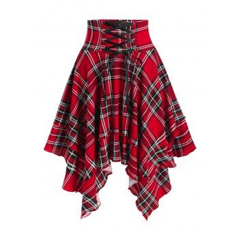 

Plaid Print Lace-up Layered Handkerchief Skirt, Red