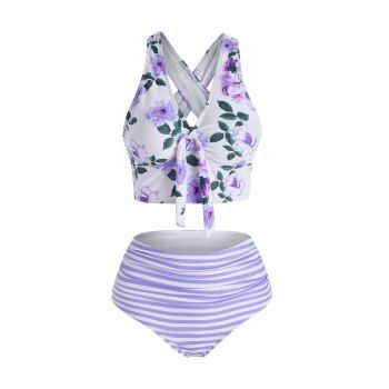 

Floral Striped Ruched Crisscross Tankini Swimwear, Light purple