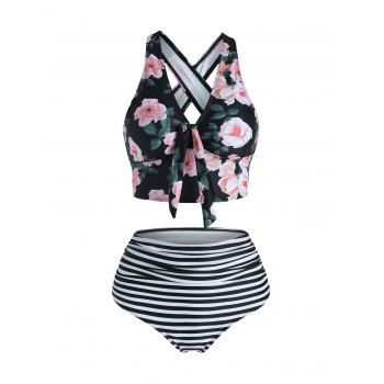 

Floral Striped Ruched Crisscross Tankini Swimwear, Black
