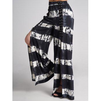 

Striped Print Wide Leg Pants Streak Dye Print Slit Lace Up Loose Pants, Black