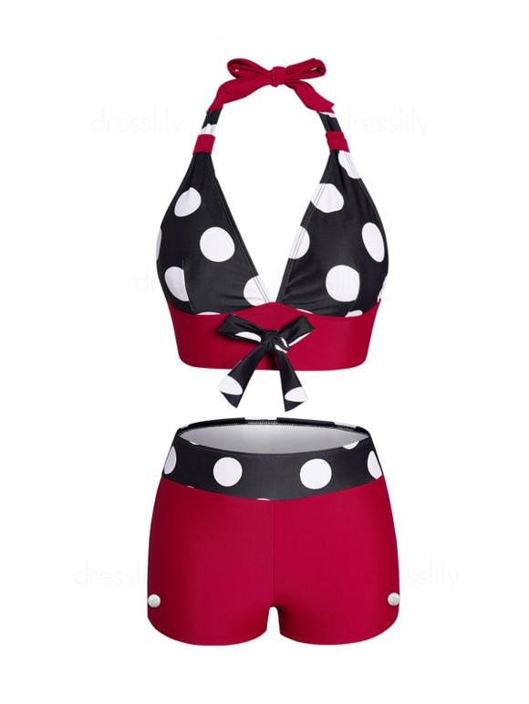 Polka Dots Print Bikini Swimsuit Halter Padded Bowknot Bikini Two Piece Swimwear Boyleg Bathing Suit - BLACK XXL