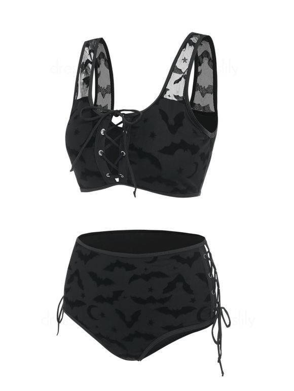 Gothic Bikini Swimsuit Bat Crescent Star Print Bathing Suit Cinched Mesh Lace Up Cut Out Swimwear - BLACK XXXL