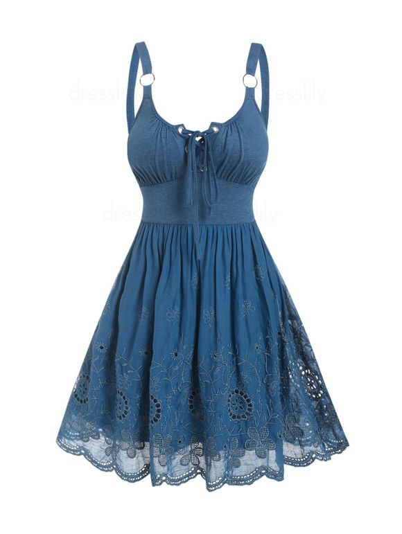 Hollow Out Flower Embroidery Mini Dress O Ring Straps Lace-up A Line Dress Sleeveless Summer Dress - BLUE M