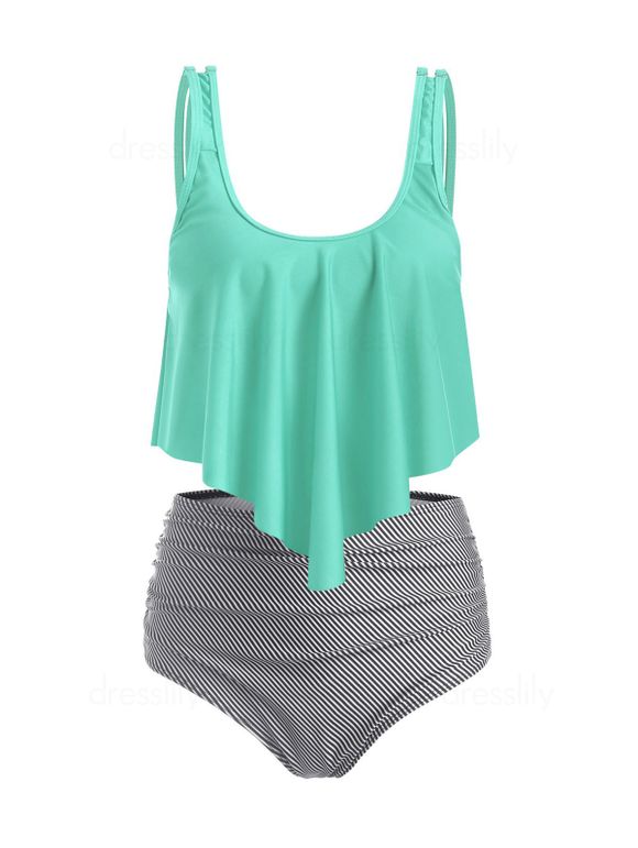 Tummy Control Tankini Swimsuit Striped Print Swimwear U Neck Mix and Match Summer Beach Bathing Suit - LIGHT AQUAMARINE XL