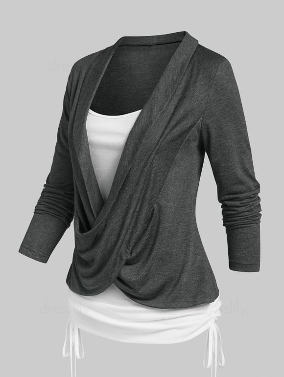 Crossover Heathered Long Sleeves Ruched Cinched Faux Twinset T-shirt - DARK GRAY M