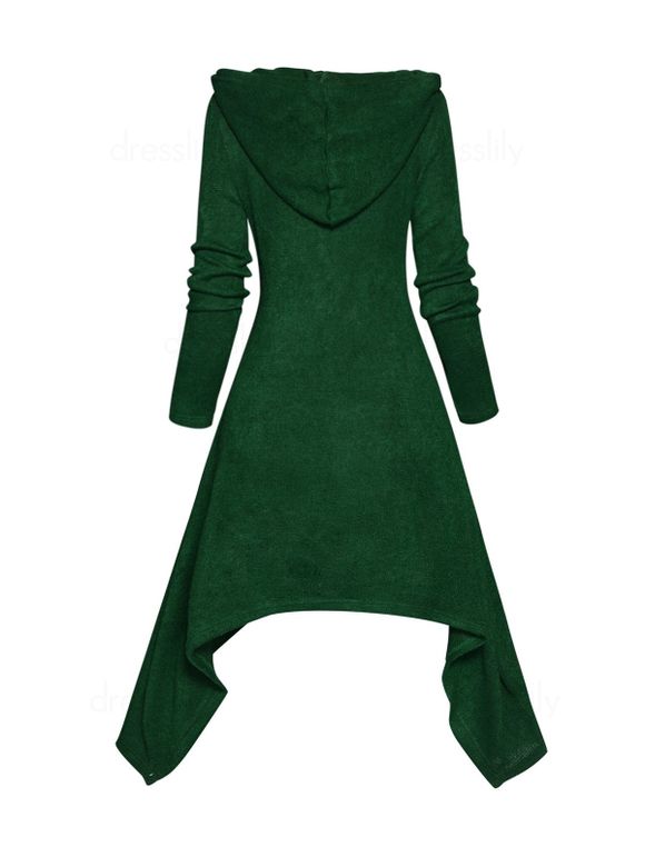 Haut à Capuche Long Asymétrique en Tricot avec Bouton en Avant en Blocs de Couleurs Faux Deux Pièces - Vert L