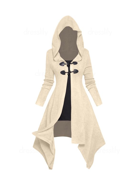 39% OFF] 2024 Asymmetric Longline Hooded Knit Faux Twinset Top Colorblock  Horn Button Long Sleeve Knitted 2 In 1 Top With Hood In LIGHT COFFEE