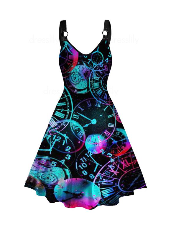 Robe Ligne A Anneau en O à Imprimé Horloge à Col V - Noir XXL