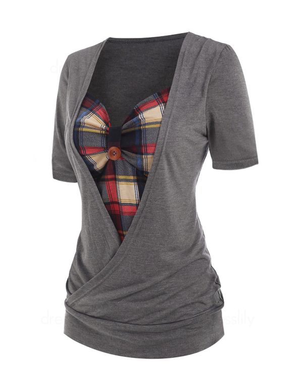 Plaid Print Faux Twinset Short Sleeve Cross Ruched Bust Tee - GRAY XXL