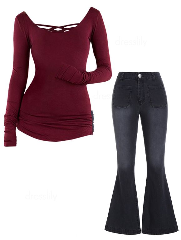 Ensemble de Jean Décontracté à Taille Haute avec Poches et Top Applique Evasé Croisé en Couleur Unie - multicolor M