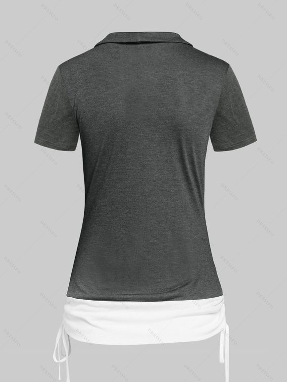 T-shirt Chiné Contrasté Croisé en Blocs de Couleurs à Manches Courtes Faux Deux Pièces - Gris Foncé XXL