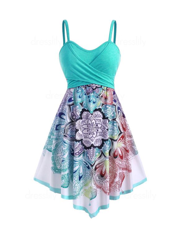 Plus Size & Curve Dress Bohemian Dress Flower Print Crossover A Line Midi Dress - GREEN 5X