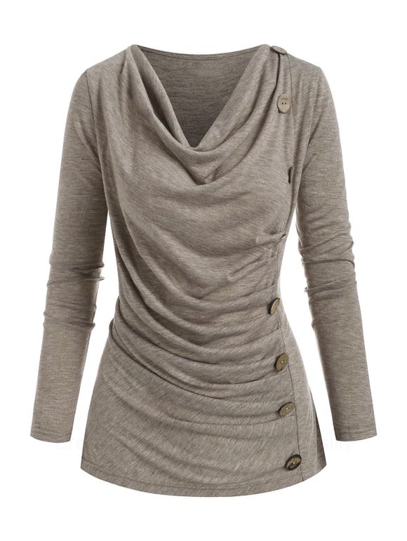 T-shirt Chiné Boutonné à Col Bénitier avec Faux Bouton - café lumière S