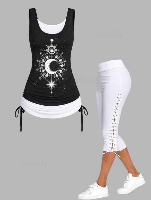 Ensemble de Legging Capri à Lacets et Débardeur Décontracté Etoile Lune Planète en Blocs de Couleurs - multicolor S