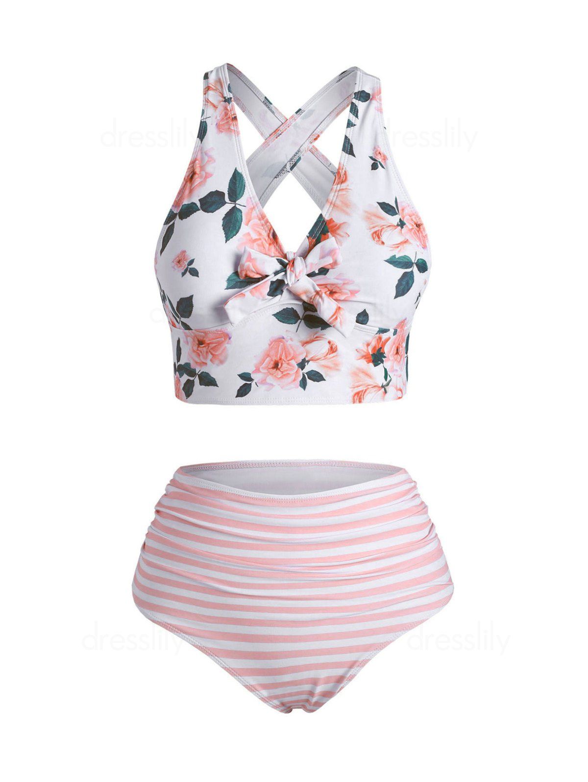 Dresslily Floral Striped Ruched Crisscross Tankini Swimwear
