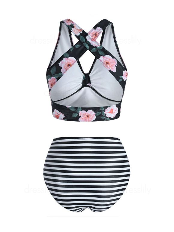 Maillot de Bain Tankini Croisé Rayé Fleuri à Volants - Noir S