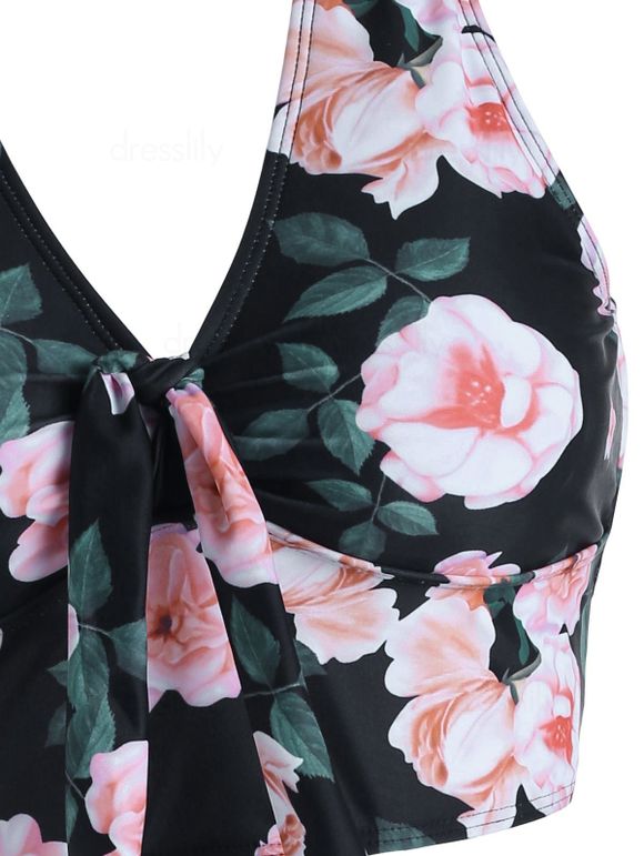 Maillot de Bain Tankini Croisé Rayé Fleuri à Volants - Noir S