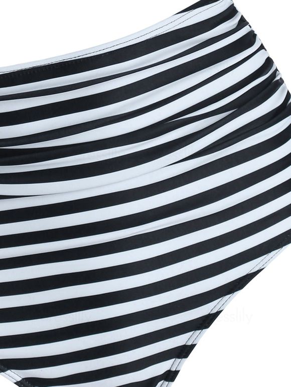 Maillot de Bain Tankini Croisé Rayé Fleuri à Volants - Noir S