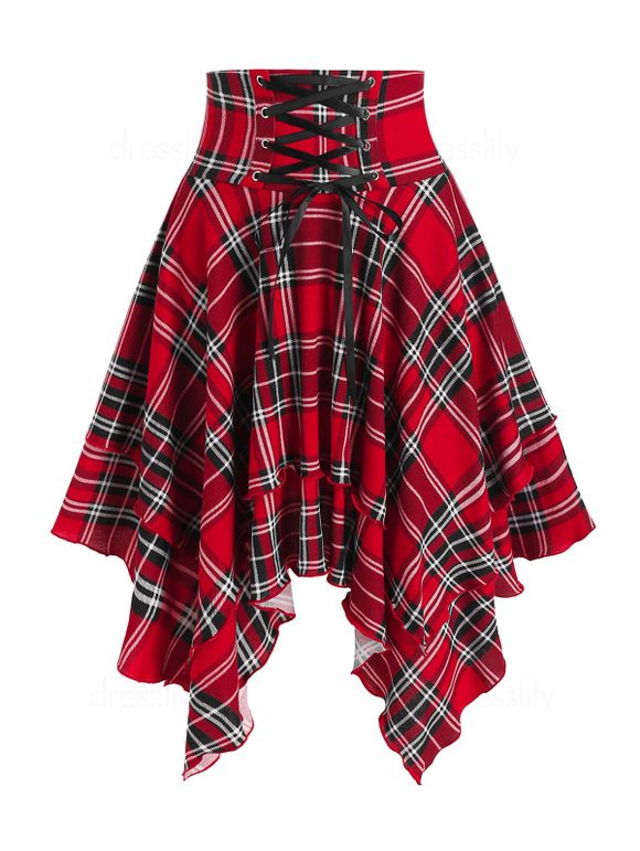 Plaid Print Lace-up Layered Handkerchief Skirt - RED S