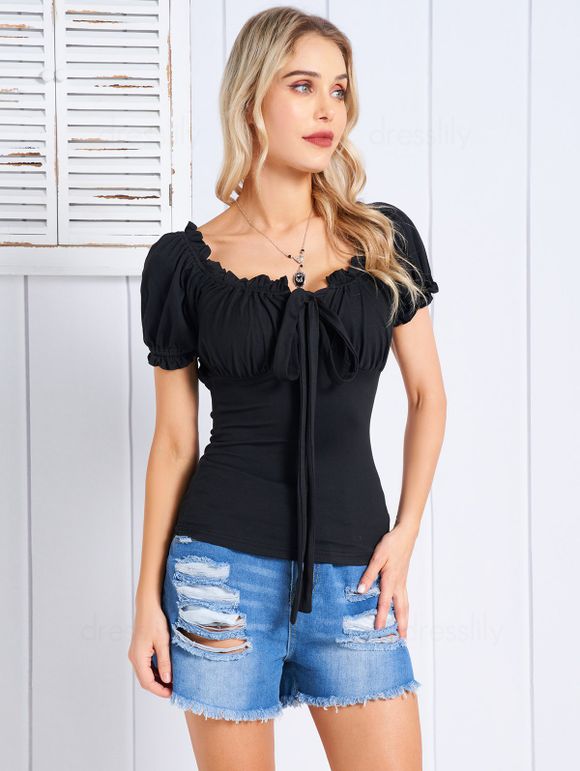 T-shirt en Couleur Unie avec Nœud Papillon Manches Courtes à Taille Empire - Noir S