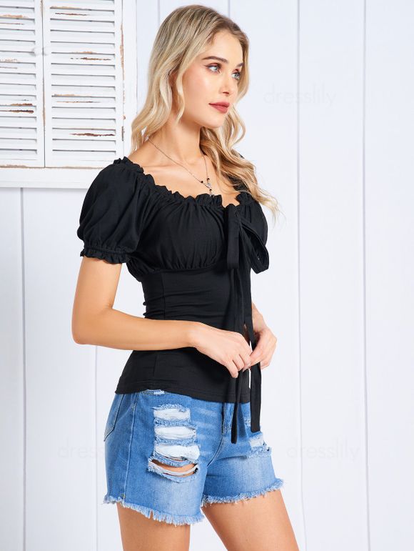 T-shirt en Couleur Unie avec Nœud Papillon Manches Courtes à Taille Empire - Noir S