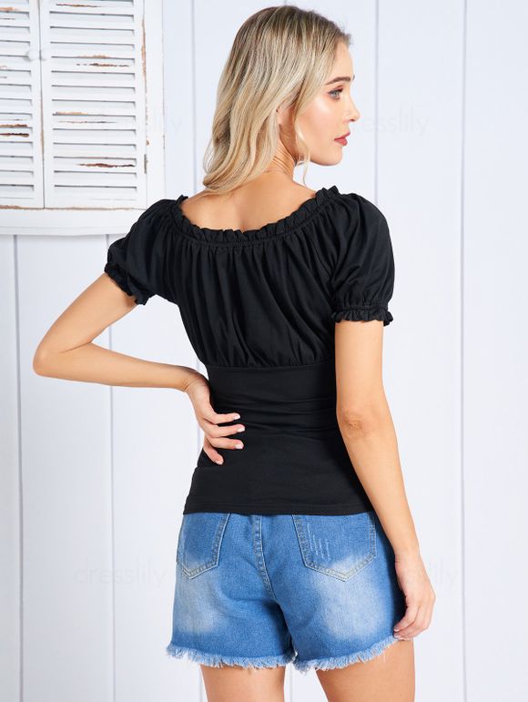 T-shirt en Couleur Unie avec Nœud Papillon Manches Courtes à Taille Empire - Noir S