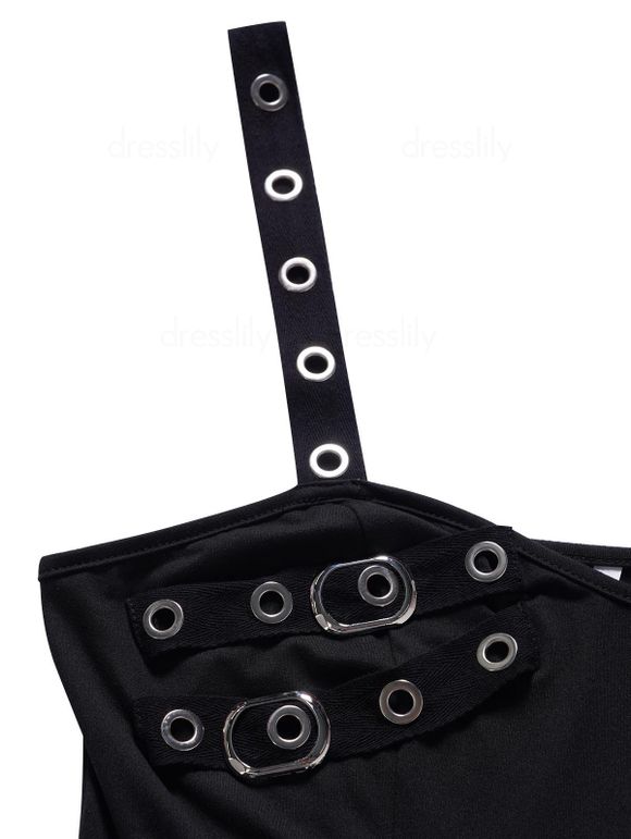 Robe Mi-Longue Ligne A Embellie de Chaîne en Couleur Unie sans Manches à Taille Haute - Noir S