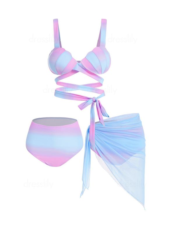 Ensemble de Bikini de Bain Bandage Coquille Transparent à Armature Trois Pièces de Swimwear - multicolor A M