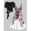 Floral Leaf Printed Flare A Line Slip Mini Dress And Plain Color Crossover Tied Cropped Top Vacation Outfit - multicolor S