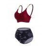 Ensemble de Bikini de Bain Matelassé Gainant à Imprimé Lune et Etoile à Taille Haute Deux Pièces de Swimwear - Rouge foncé XL